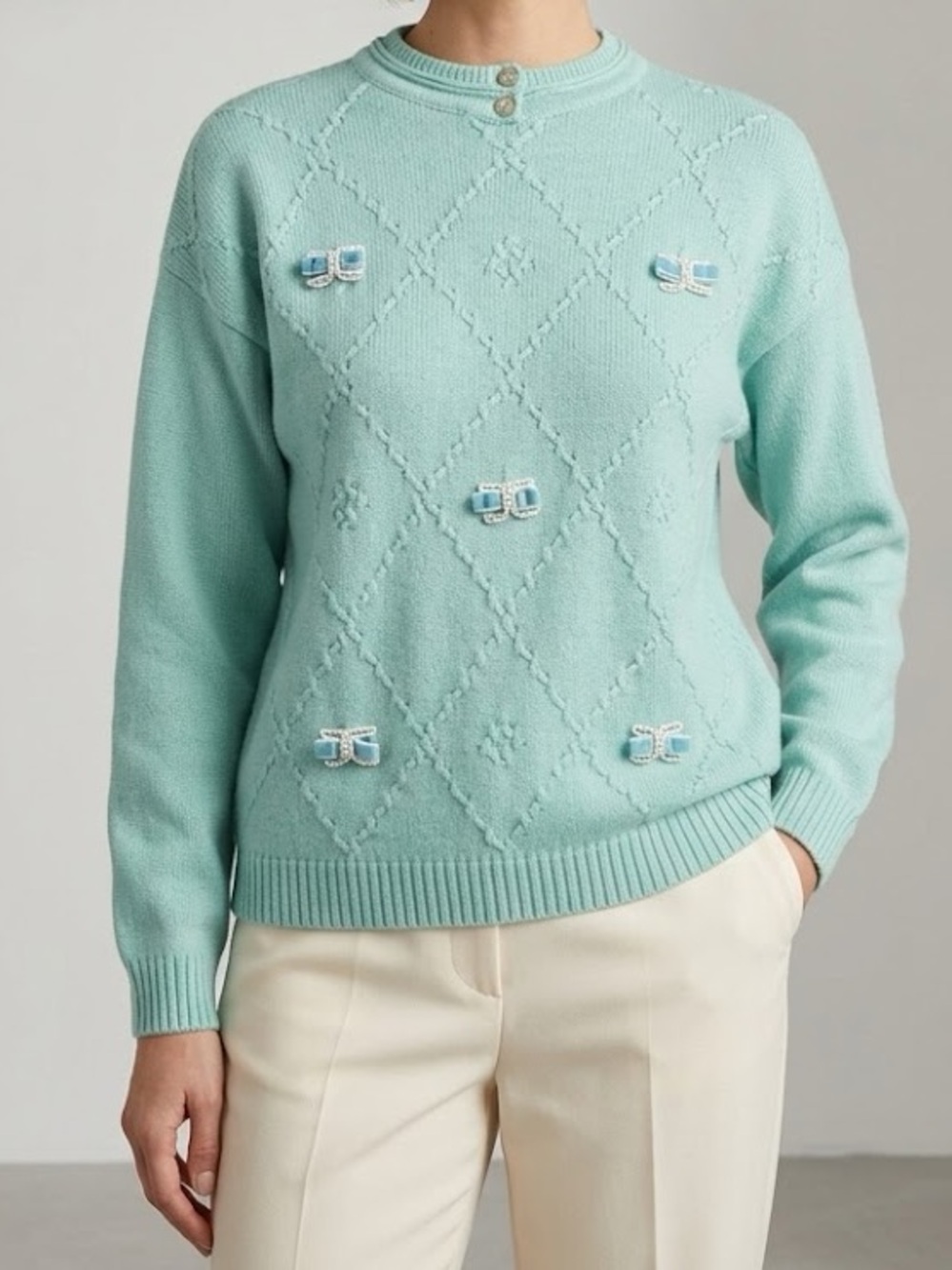 Vintage 80s Donna Monica Made In Italy Pearl Bow Knit Pullover Sweater Large